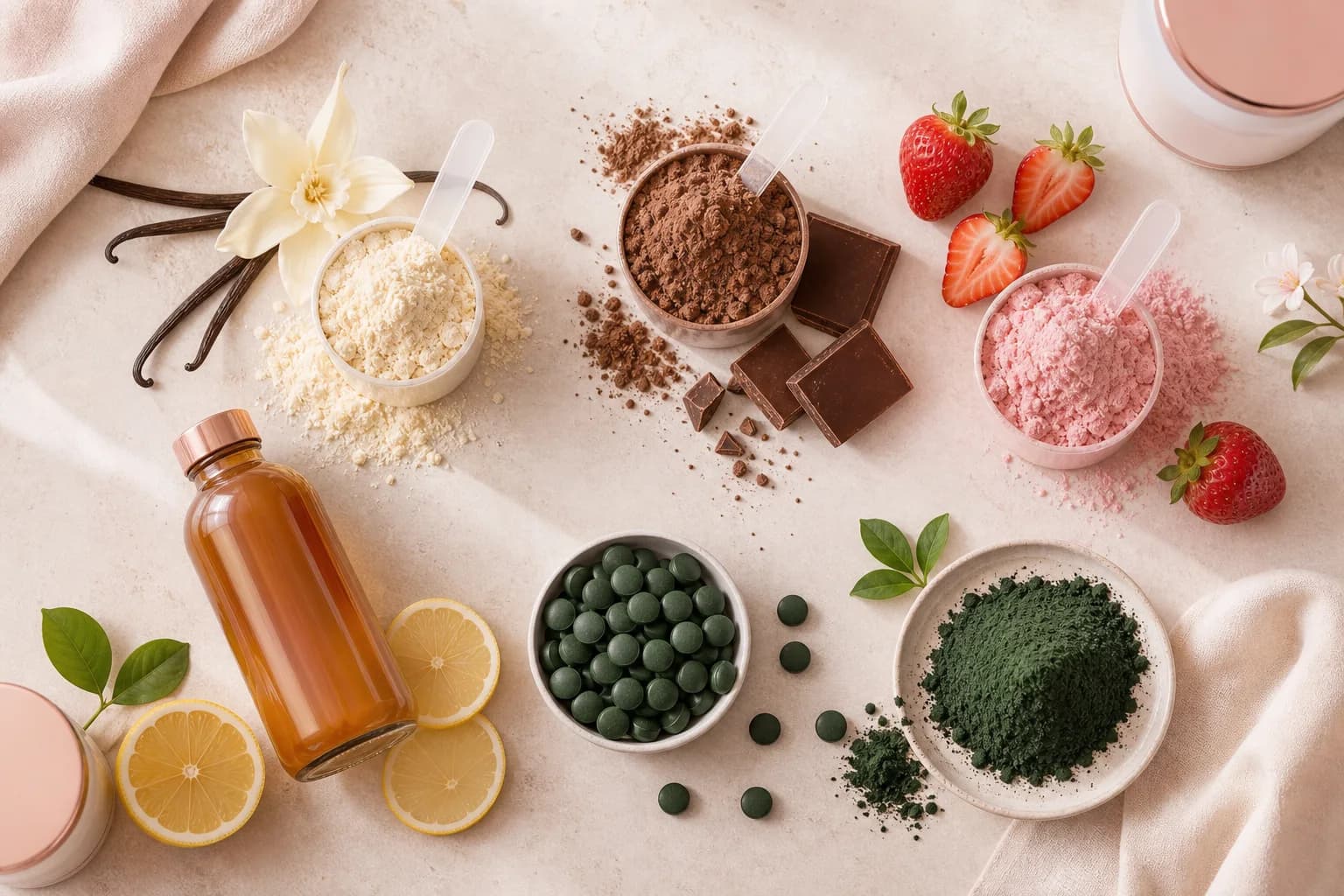 Vanille, Kakao, Erdbeere, Algen und Lemon Shot Zutaten